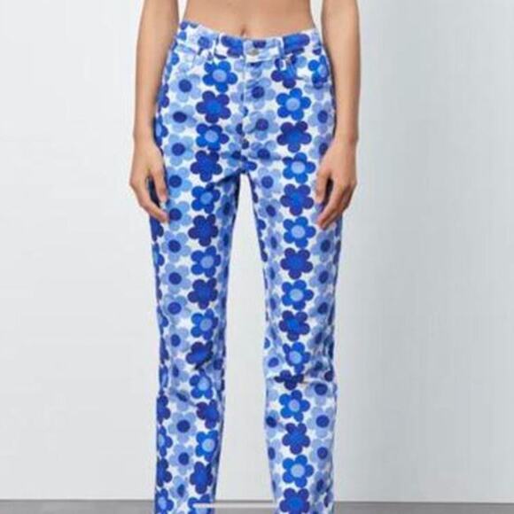 Zara Blue White Hippie Button Fly Funky High Rise Floral Straight Leg Jeans 6 - Picture 4 of 8